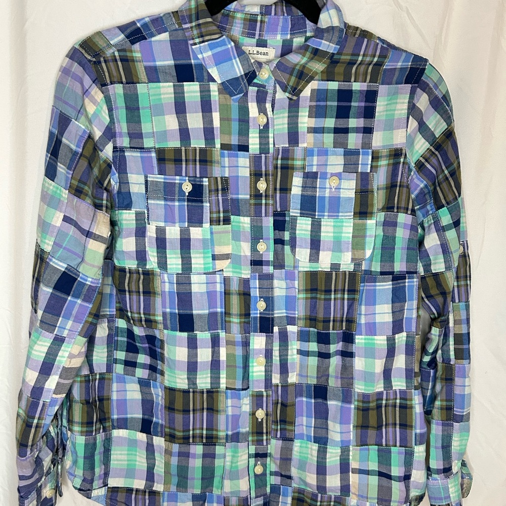 LL Bean Top Womens Small Madras Plaid Roll Tab Sleeve Patchwork Button Shirt